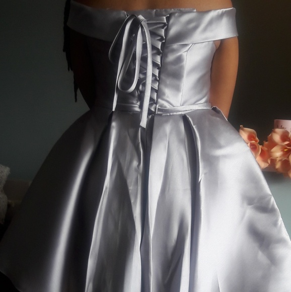 Glorious silver off the shoulder cocktail dress - Picture 2 of 2